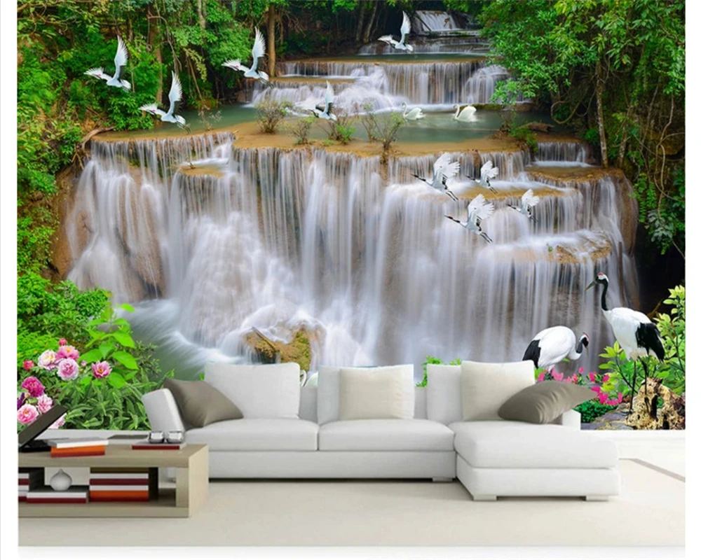 

beibehang Custom Fashion Wallpaper waterfall river forest white crane 3D TV background wall papel de parede 3d wallpaper tapety