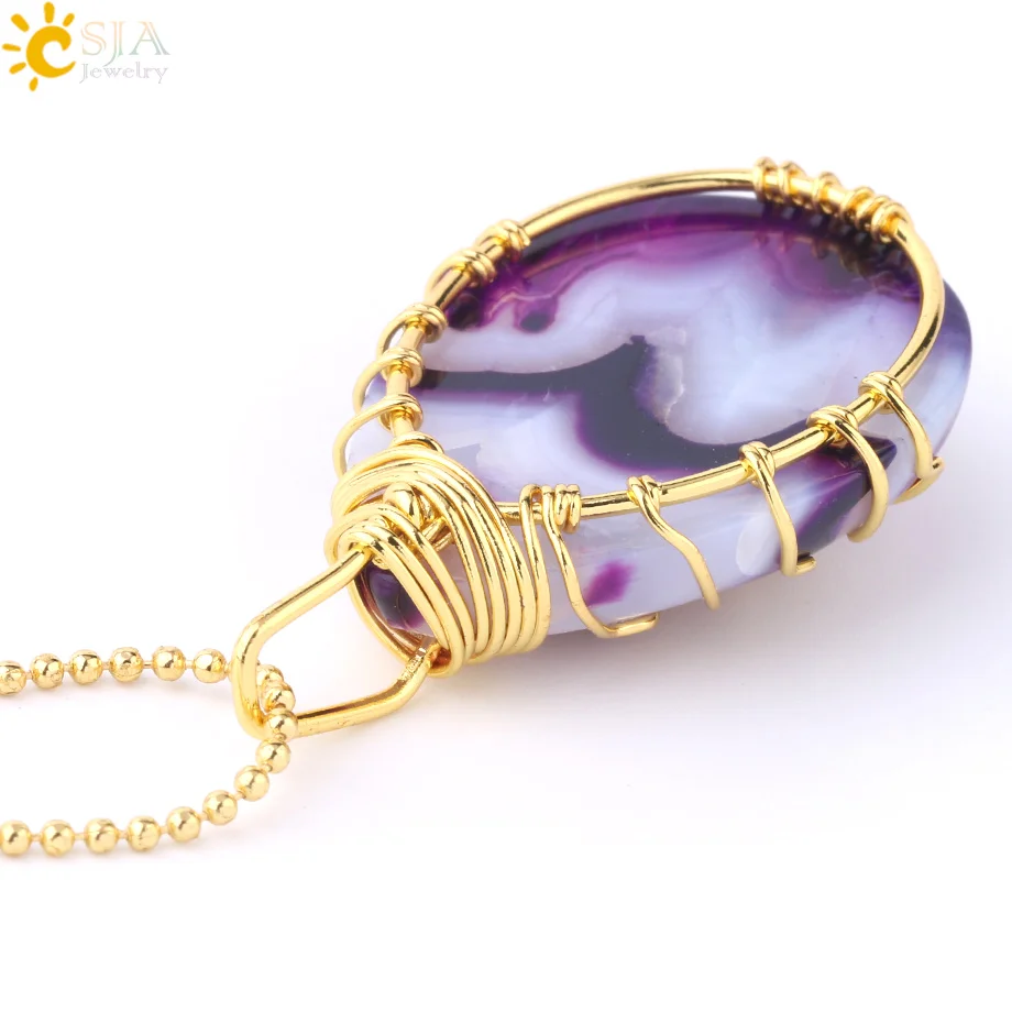 CSJA Altın Rengi Hayat Ağacı Tel Sarma Su Damlası Kolye ve Kolye Reiki Doğal Taş Taş Mor Mavi Damarlar Oniks Takı E806