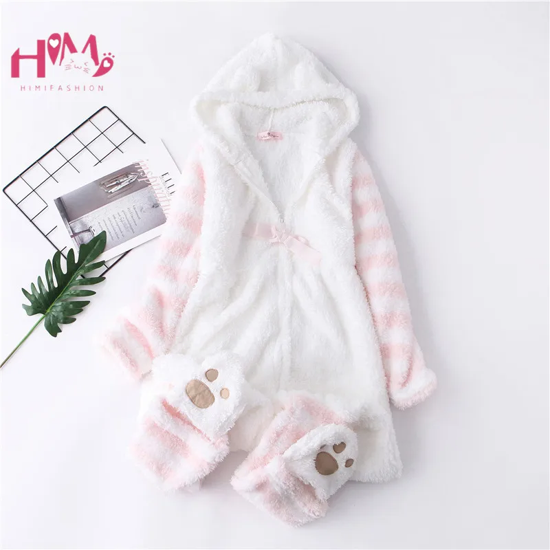 Japanese Winter Women Onesie Pajamas Kawaii Cat Lovely Ear Long Sleeve Pink One-Piece Sleepwear Female Casual Cute Homewear Girl