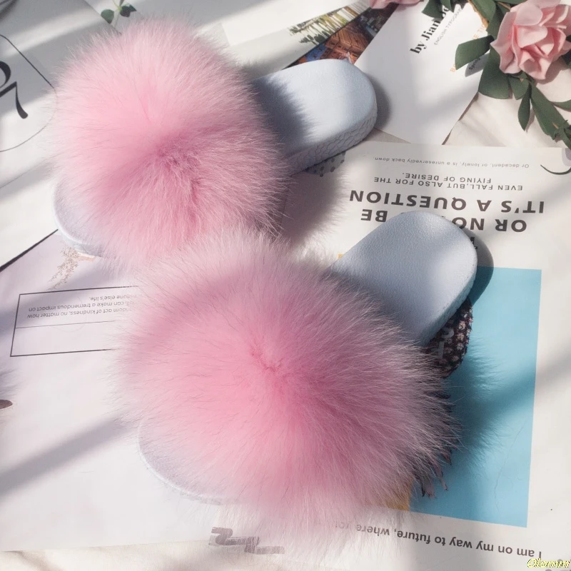 2024 Summer fox fur slides Cute Plush Fox slippers 100% real fox hair luxury fashion beach slippers White Sole size 36-45