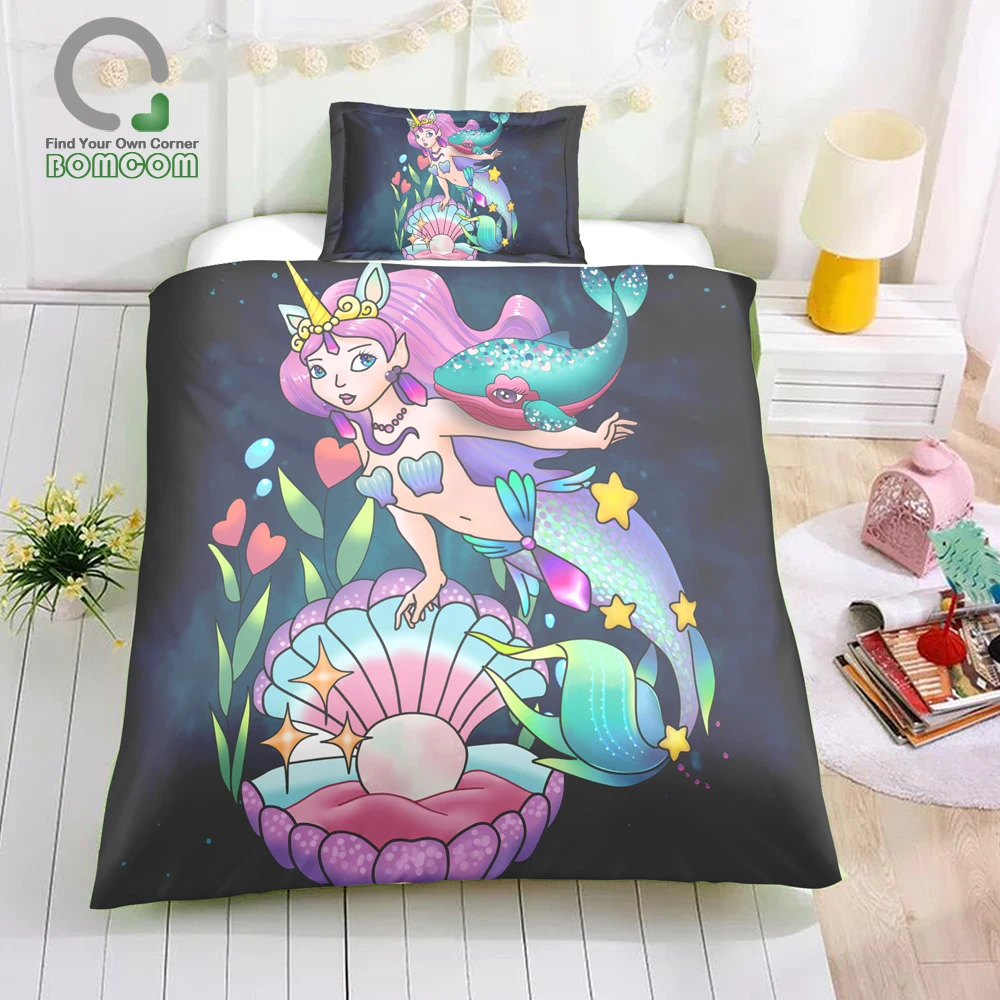 BOMCOM Mermaid Duvet Cover Set Gifts for Teens Mermaid Lovers Little Mermaid Glitter Scale Lovely Nemo Bedding set