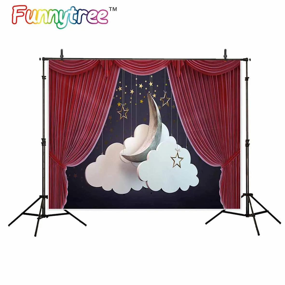 Allenjoy moon and clouds stage set behind an opening Theater red curtain for children photographic background studio funds