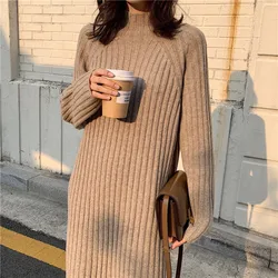 Women Winter basic Long Sweater Dress Turtleneck long sleeve Elegant solid color brief slim Knitted dresses pullovers