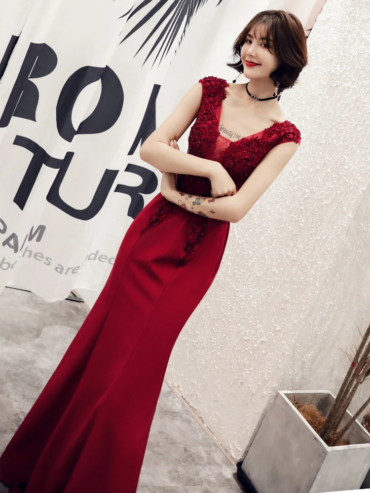 2019 New Mermaid Evening Dress Appliques Beading V-neck Sweep Train Wine Red Prom Party Dress Robe De Soiree Haute Couture