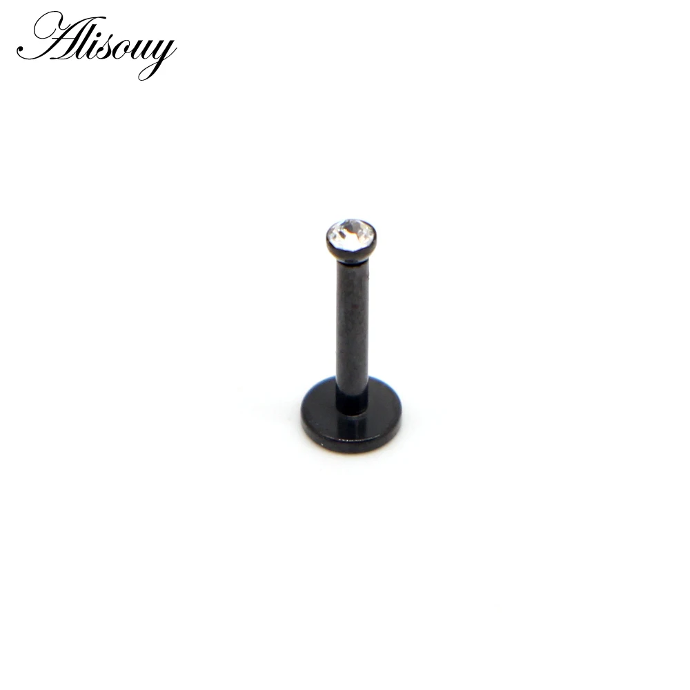 Alisouy 1pc Black Stainless Steel Zircon Crystal Earring Flat Labret Lip Piercing Tragus Rings Helix Ear Stud 8MM Body jewelry