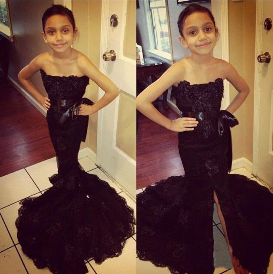 

black Lace Mermaid Little Girl Pageant Gowns Little Girl Prom Dresses Strapless Floor Length Flower Girl Dresses 2021