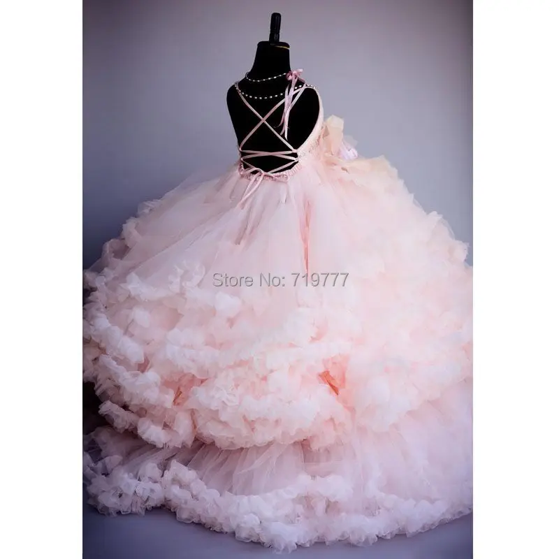 Princess Pink Flower Girl Dresses Custom Made Ball Gown Puffy Pageant Dresses For Girls Glitz Tiered Cloud Kids Prom Dresses