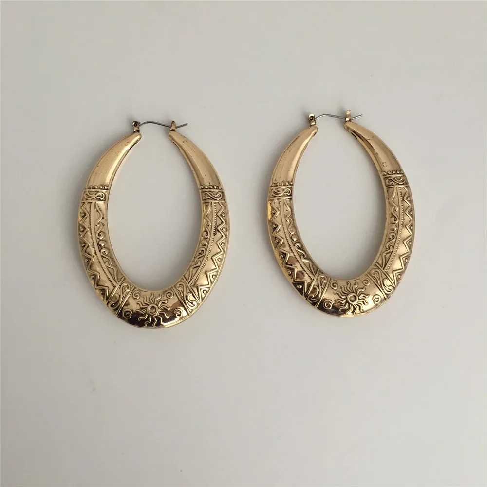Vintage Antique Gold Color Plating Engraved Oval Hoop Earrings For Women Girl Trendy Casual Modern Jewelry Accessory