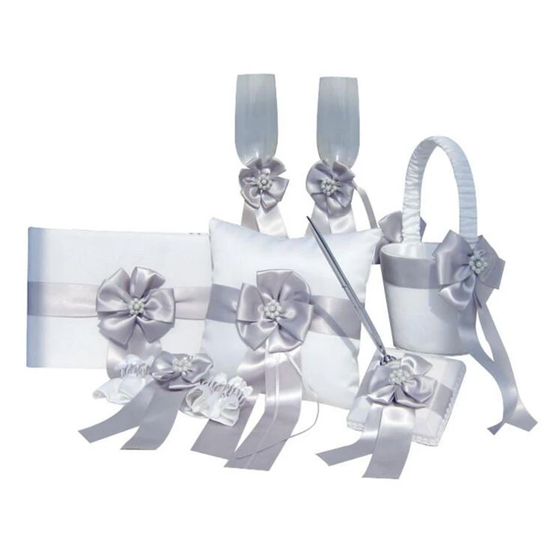 

4pcs/set(Guest book+Flower Basket+Pen Holder+Ring Pillow) Silver and White Bow Pearls Decor Wedding Celebration Sets