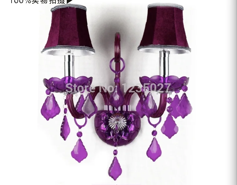 New Arrival Hotsale Purple Crystal Wall Lamp Candle Led E14 Bulbs Purple Fabric Lampshade 2 Lights 100% Guaranteed