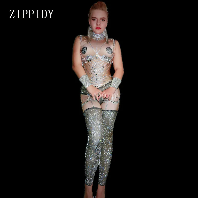 2019 New Sexy Nude Rhinestones Sexy Jumpsuit Sleeveless Dance Bodysuit Female Costume Nightclub Women\'s Prom Stage Show Outfit