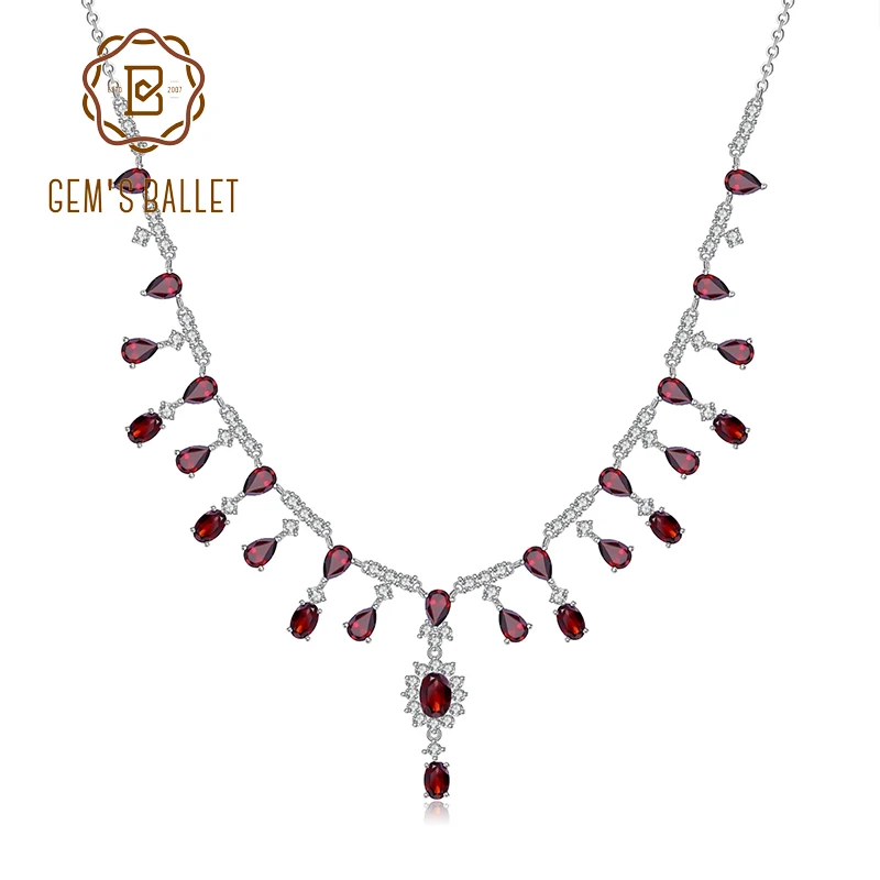 

GEM'S BALLET 15.2Ct Natural Red Garnet Necklace 925 Sterling Silver Gemstone Wedding Bridal Necklace For Women Fine Jewelry