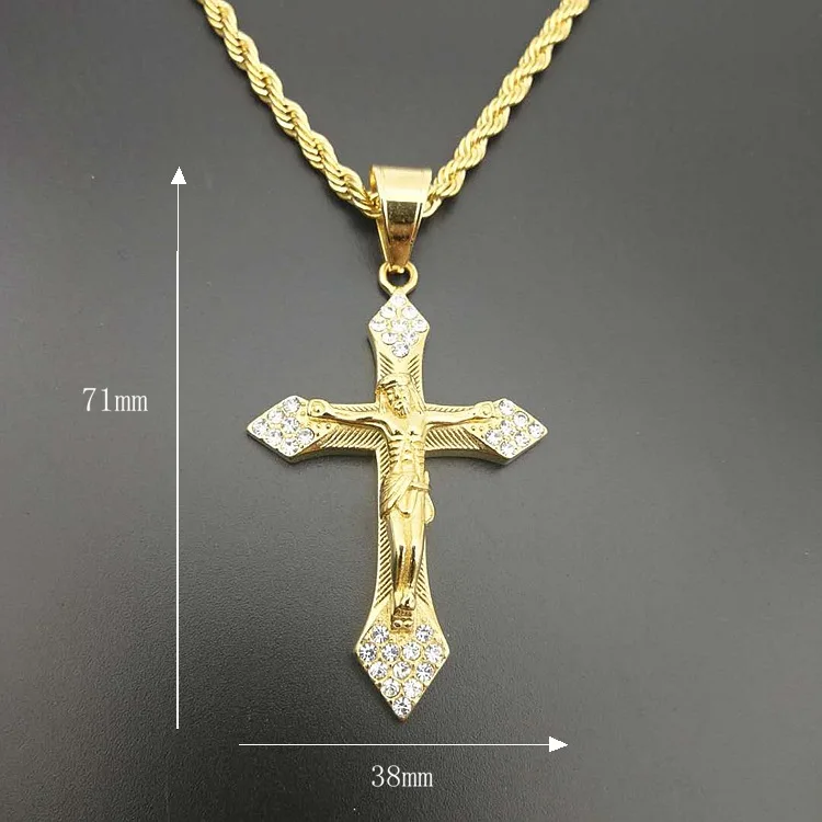 Gold color tone Cross Christ Jesus Pendant Necklace with zircon 316L Stainless Steel Link rolo Chain Heavy Men Jewelry Gift