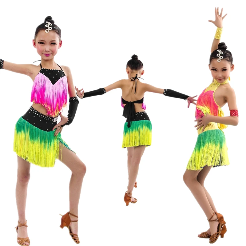 

New Upscale Child Latin Dancing Dress W/Imported Colorful Tassels ,Salsa/Chacha Competition Dancewear,Stage Performance Costume