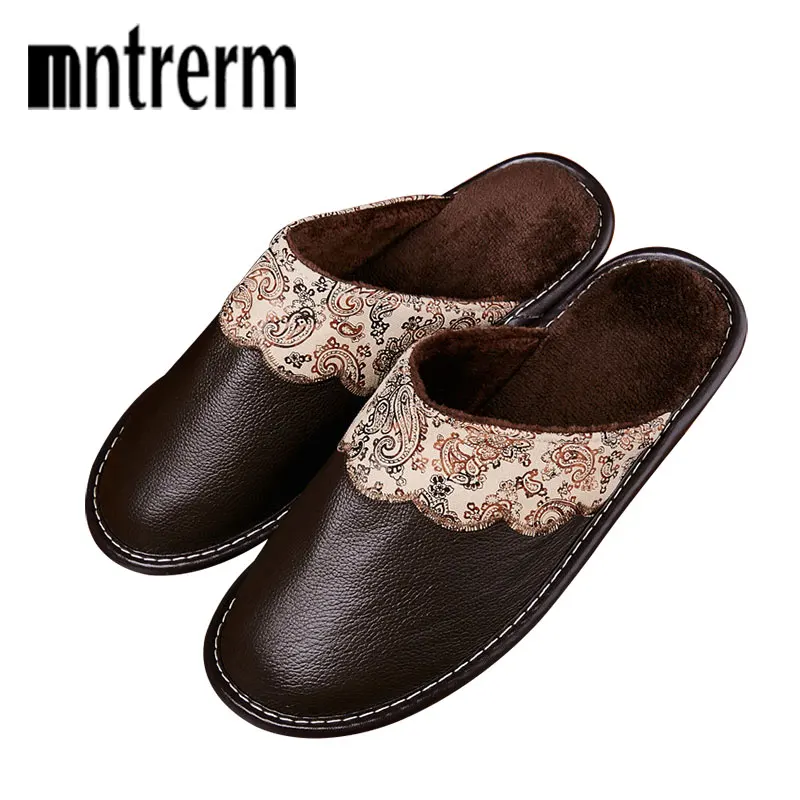 Mntrerm Home Slippers Men Winter Leather Shoes Plush Warm Slipper Flats Shoe Non-slip Soft Floor Sneakers For Indoor Mens Terlik