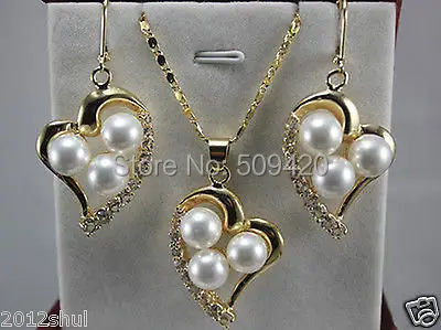 

Free Shipping beautiful gold plate white SHELL pearl Pendant necklace Earrings