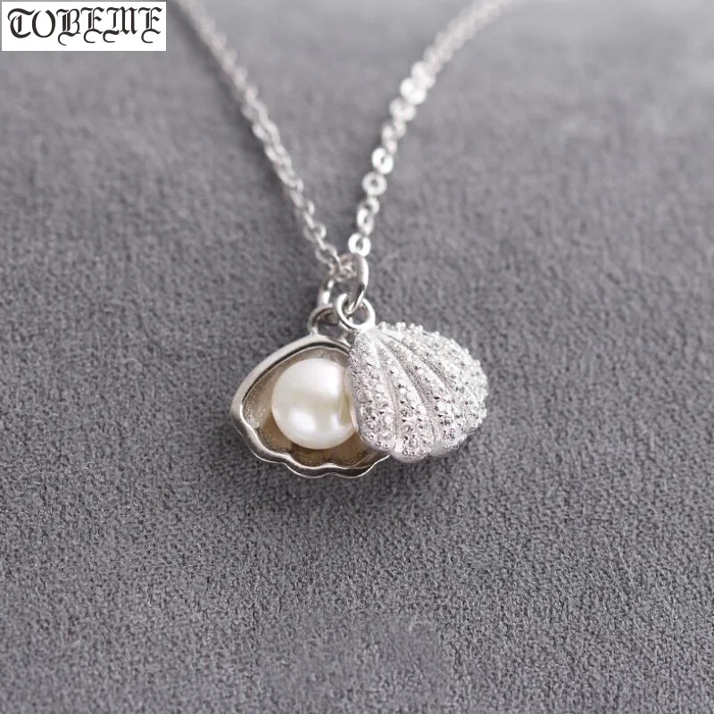 

100% 925 Silver Natural Pearl Pendant Necklace Sterling Freshwater Pearl Conch Shell Pendant Necklace Lady Necklace