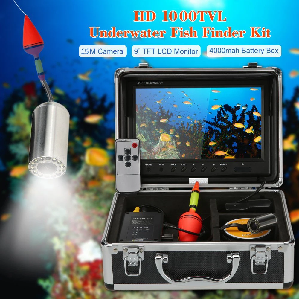 9 Inch Monitor 15M Cable Fish Finder Stainless Steel Underwater Fishing Camera 1000TVL HD Waterproof With 12Pcs LEDs