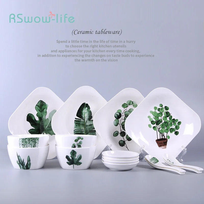 

16pcs Creative Beautiful Ceramic Tableware Set Chinese Green Plant Plate Square Bowl Spoon Seasoning Dish Combination