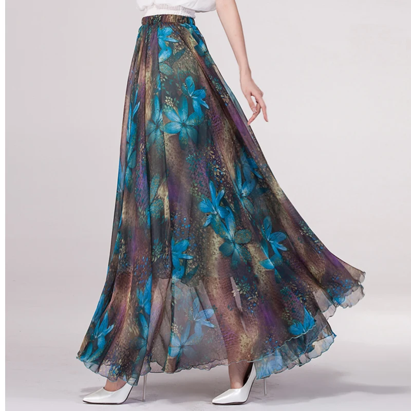 Summer Chiffon Vintage Floral Print Fashion Bohemia Maxi Skirt Holiday Beach Elegant Korean Elastic Waist Long Skirts For Woman