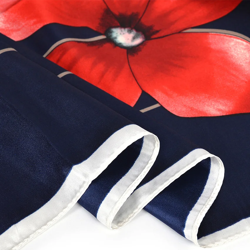 [BYSIFA] Women Navy Blue Satin Square Scarves Wraps New Brand Silk Scarf Shawl Spring Fall Floral Ladies Neck Scarf Cape 90*90cm