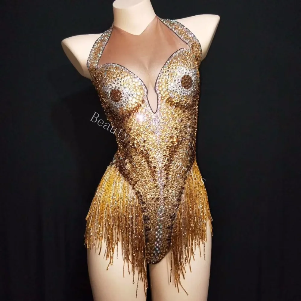 

Sexy Leotard Sparkly Gold Rhinestones Tassel Bodysuit Stage Wear Women's Celebrate Female Singer Crystals One Piece Costume