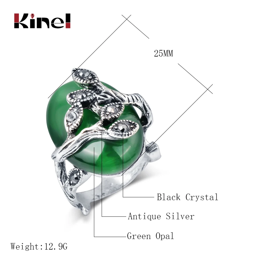 Kinel Hot Vintage Green Oval Ring For Women Austrian Crystal Antique Silver Color Retro Jewelry Natural Stone Ring Party Gift