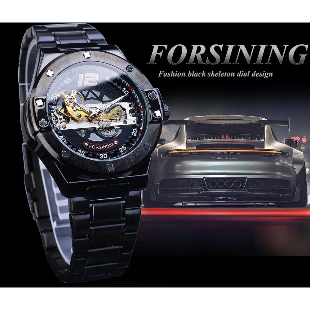 Forsining Transparent Automatic Men Watch Golden Bridge Mechanical Black Stainless Steel Band Skeleton Watches Relogio Masculino