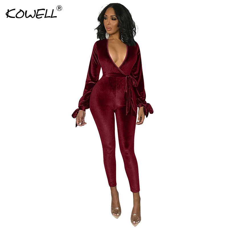 2019 Pleuche v profundo neck backless jumpsuit Mulheres inverno manga longa de cintura alta macacão Elegante macacão macacões sexy primavera