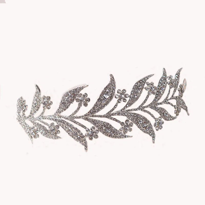 Crystal Headband Crown Tiaras for Bridal Wedding Hair Accessory Quesen Prom with Rhinestone Leaf Jewelry