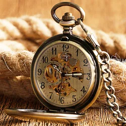 Self Wind Pocket Watch Copper Fashion Bronze Pendant Smooth Retro Skeleton Unisex Automatic Mechanical Stylish Thanksgiving Gift