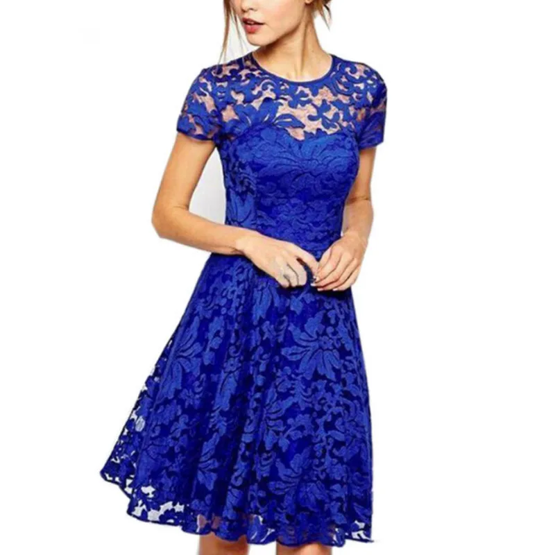 5xl  Dress Fashion Women Elegant Sweet Hallow Out Lace Dress Sexy Party Princess Slim Summer Dresses Vestidos Red Blue