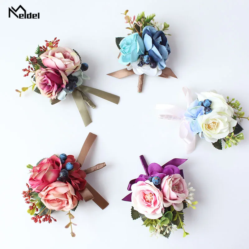 Meldel Corsage เจ้าบ่าว Boutonniere PIN เจ้าสาวสายรัดข้อมือ Blue Burgundy เพื่อนเจ้าสาว Rose ดอกไม้สร้อยข้อมืออุปกรณ์จัดงานแต่งงาน