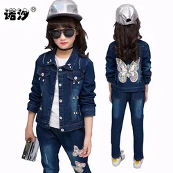 Children clothes kids butterfly cowboy jeans outwear kids cotton jeans jacket top+pants 4-14 Y girls clothing sets girls clothes