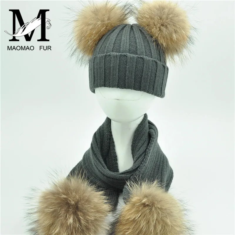 Kids Fur Scarf and Hat Set Winter Warm Thick Stretchy Knitted Beanie Boys Girls Real Double Fur Pom Pom Hat and Scarf Set