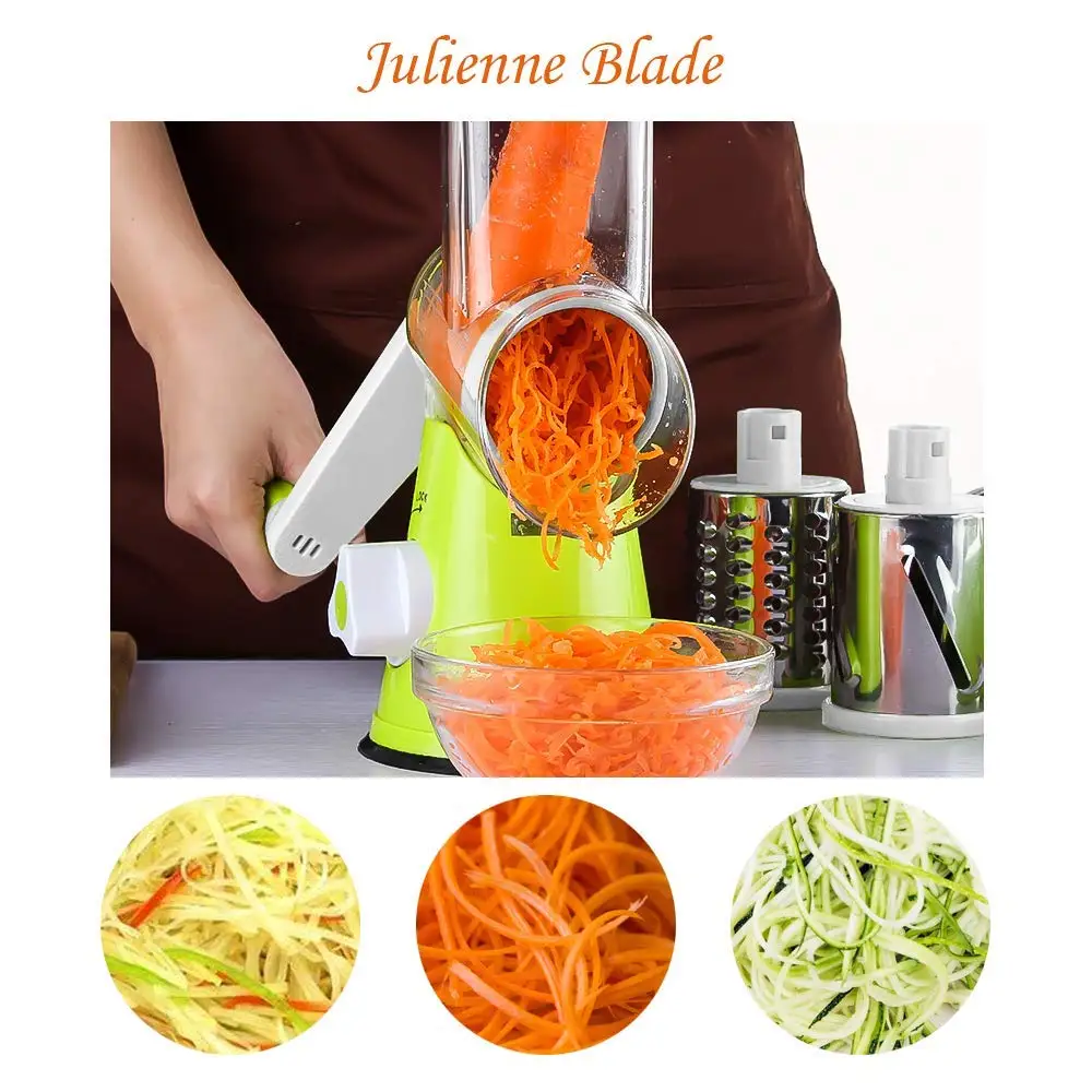 Vegetable Slicer Cheese Grater Rotary Rotary Drum Grater 3-Blades Manual Vegetable Mandoline Chopper with Suction Cup