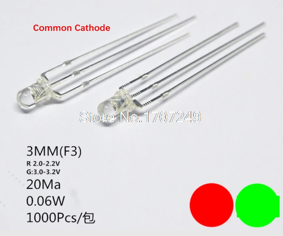 

1000pcs 3mm LED Diode Green And Red Dual Color Common Cathode Transparent Round 3 mm Bi-Color Light-Emitting Diode Light