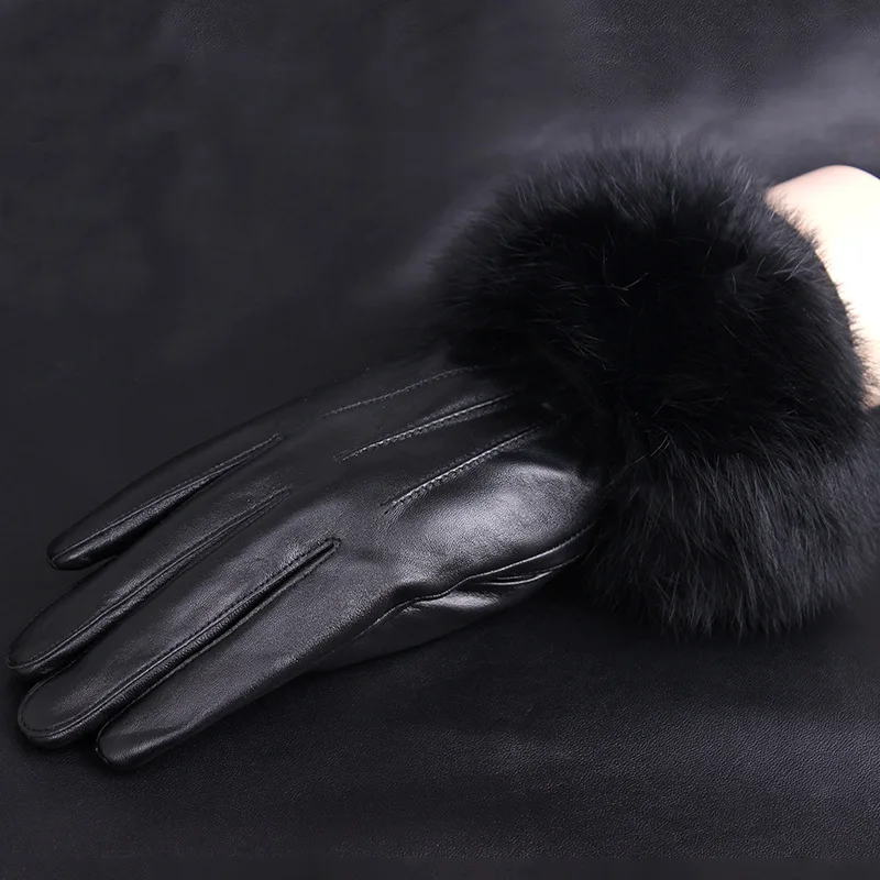 Winter black sheepskin Mittens Leather Gloves For Women Rabbit Fur Wrist Top Sheepskin Gloves Black Warm Female Driving Gloves