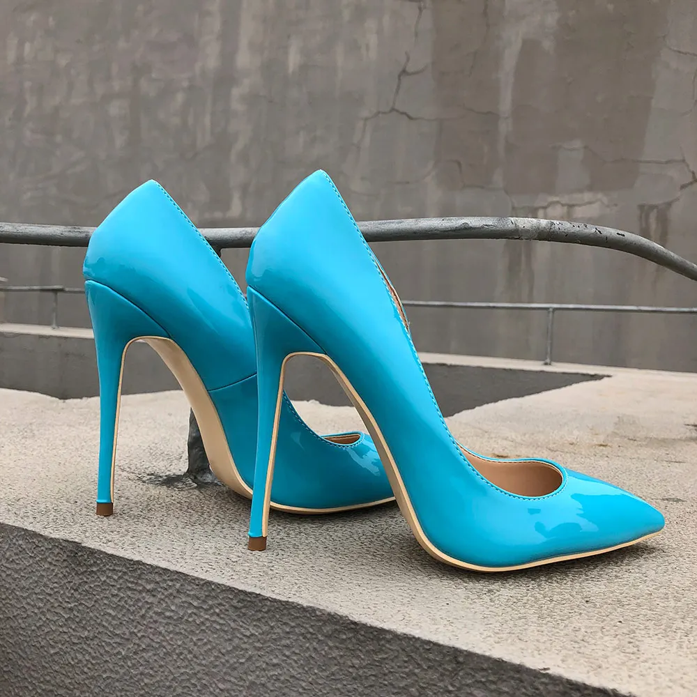 Veowalk Himmel Blau Sexy Frauen Stiletto High Heels Mode Damen Spitz Patent Leder Pumpe Schuhe 8/10/12cm Costomize Akzeptieren