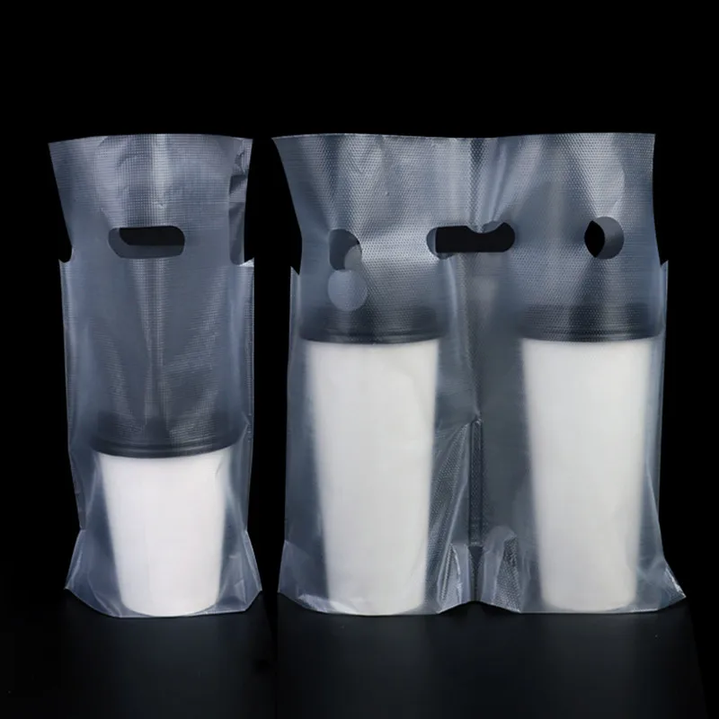 Disposable Reticule Cup Bag Hand Bag Packaging Coffee Doggy Bag Take-away Packing Tools Plastic Double Cup Carrier Handbag 50pcs