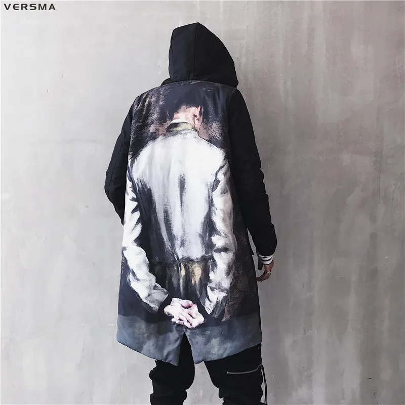 VERSMA 2018 Korean Harujuku Ulzzang Graffiti Printed Bomber Jackets Coats Men Hip Hop Long Bomber Jacket Male Parkas Windbreaker