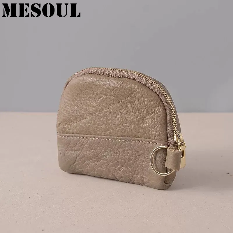 Bolsa de moedas de couro genuíno com zíper de couro genuíno bolsas de moedas cartões casuais bolsa de moedas para meninas pequena bolsa de couro de vaca macia marrom oval