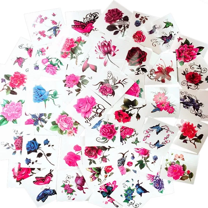 Temporary tattoos stickers flash tattoo classical flowers butterfly roses 52pcs makeup girls little tattoo water transfer paper