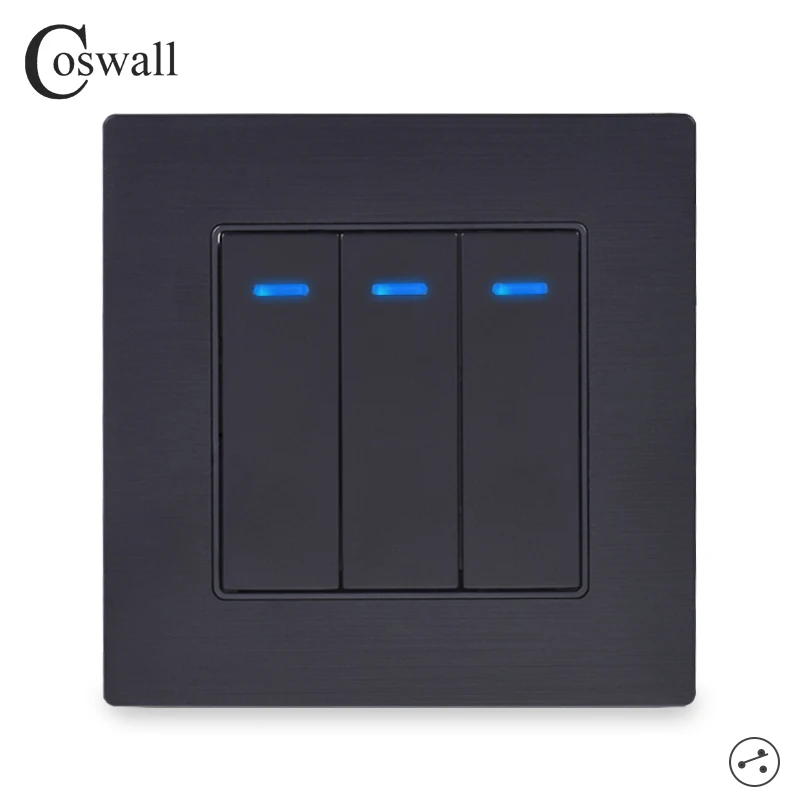 Coswall 3 Gang 2 Way On / Off Wall Light Switch LED Indicator Pass Through Switch Switched Knight Black Aluminum Metal Panel