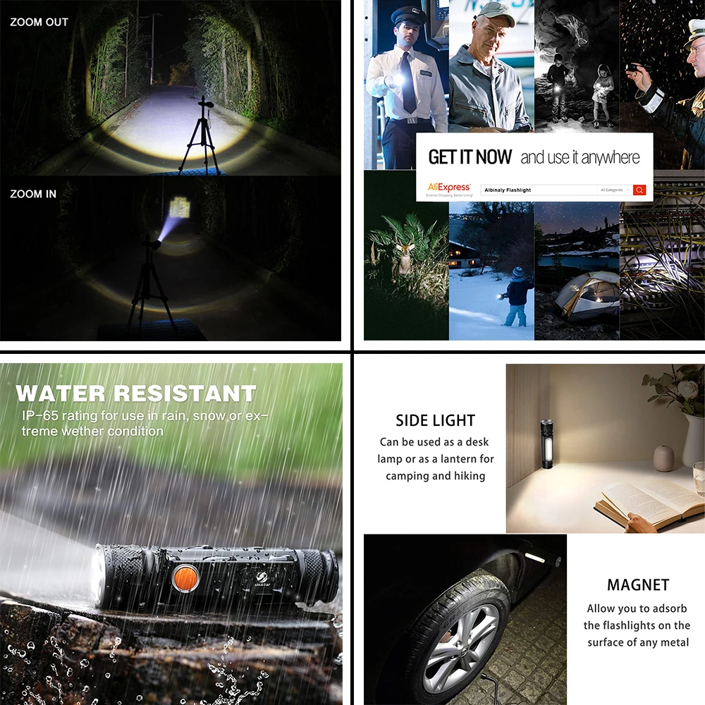 Waterproof Rechargeable LED Flashlight COB Work light Torch 4 lighting modes Support zoom Used for camping, cycling, work, etc