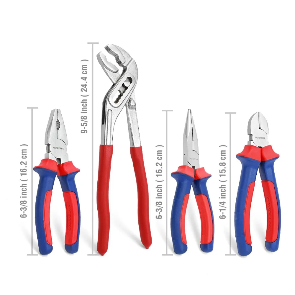 WORKPRO 4PCS Pliers Set Groove Joint Pliers Diagonal Pliers Water Pump Pliers Wire pliers