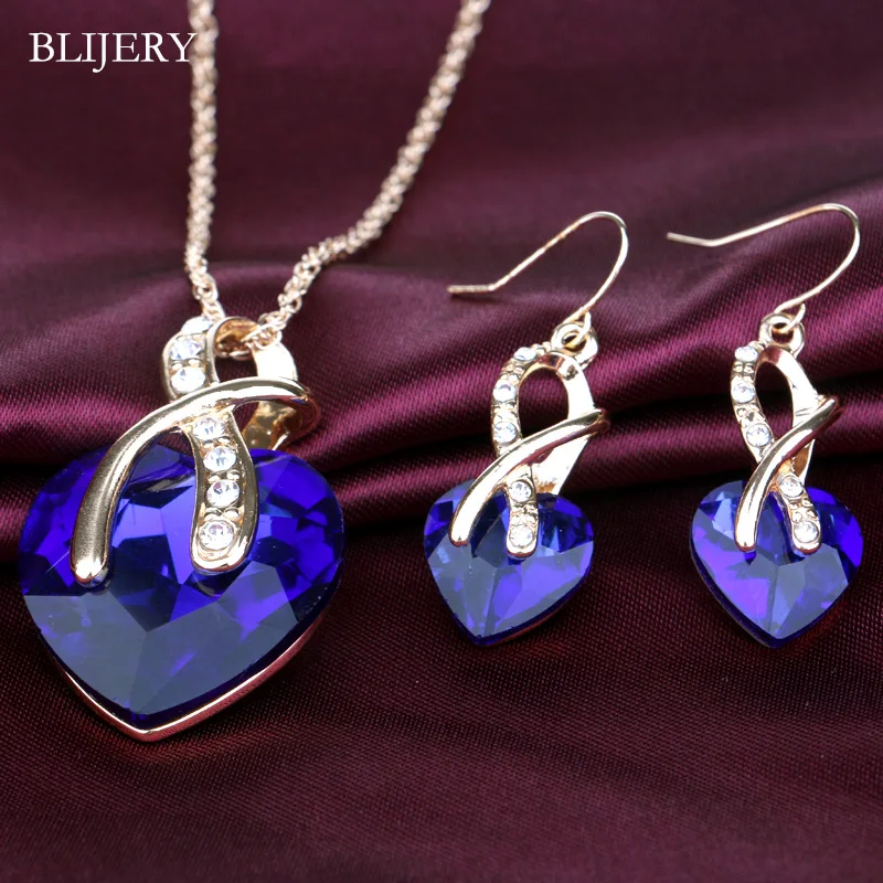 BLIJERY Gold Color Crystal Bridal Jewelry Set Royal Blue Heart Pendant Necklace Earrings Sets for Women Wedding Jewelry Sets