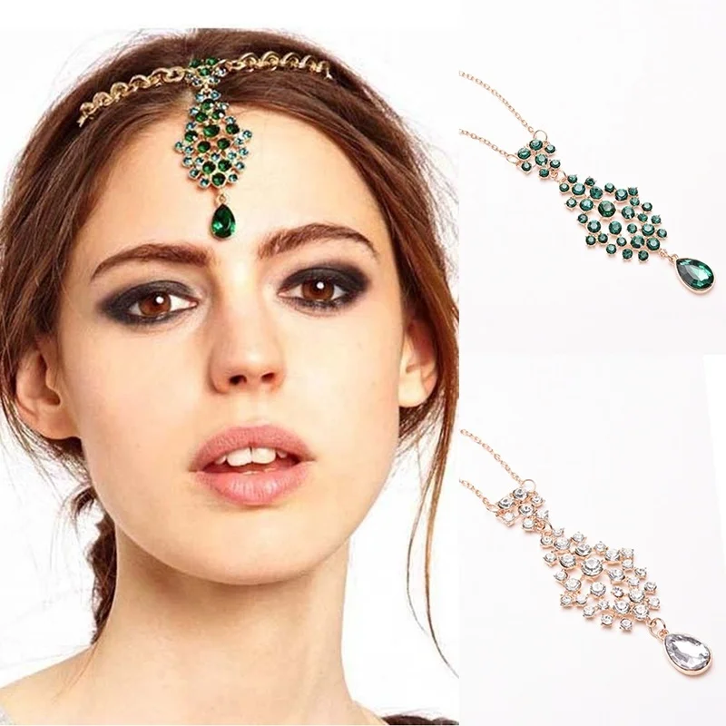 FORSEVEN Indian Head Jewelry Green/White Color Crystal Drop Forehead Hairpin Headpieces Headbands for Women Girl Bride Noiva