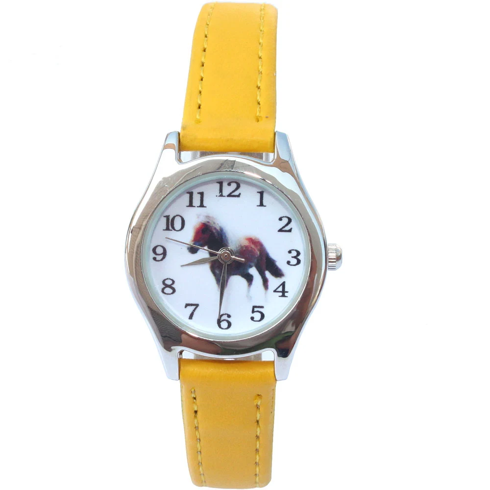 Reloj de cuero de caballo para niña y niño, pulsera de cuarzo con dibujos de animales, U11, color amarillo