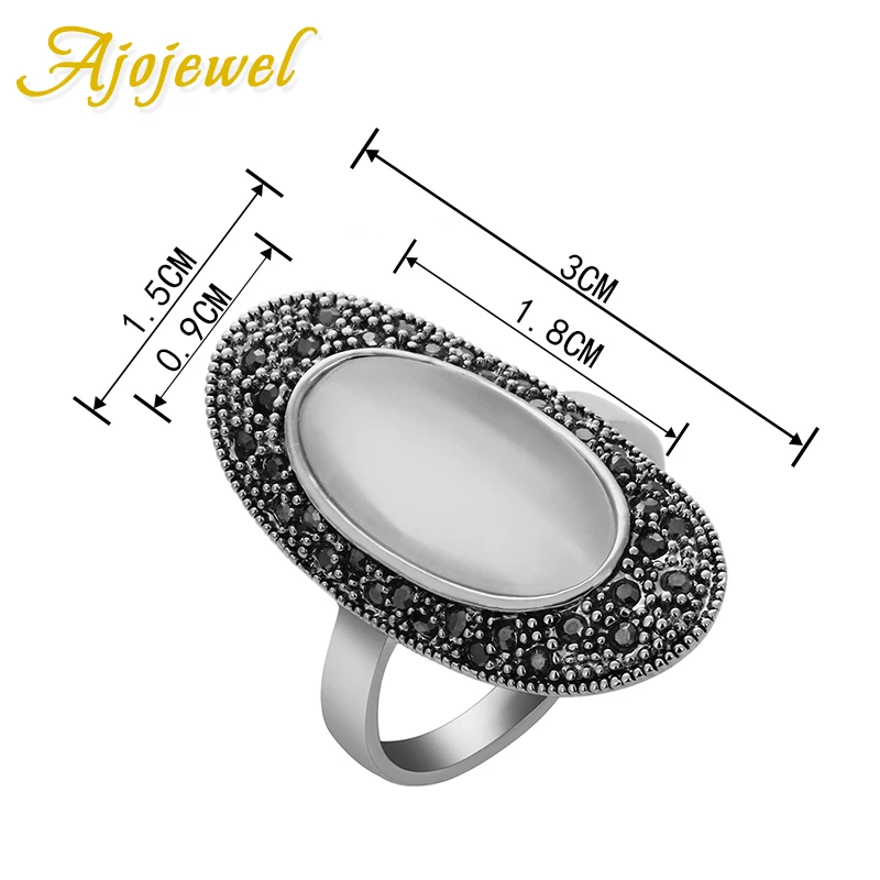 Ajojewel Pave Black Rhinestone Oval Shaped White Opal Stone Rings For Women Vintage Finger Ring Fashion Accessories